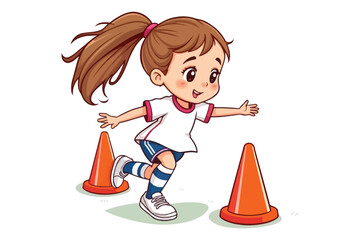 A young girl practicing football drills with cones, depicted as an engaging illustration icon, white background 25