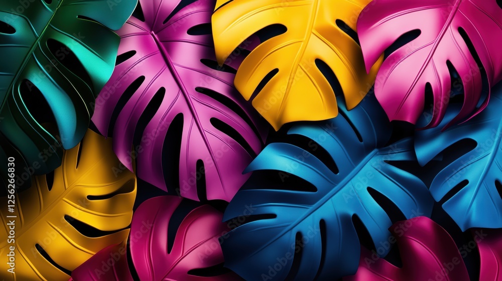 Poster vibrant arrangement of artistic fluorescent leaves in a colorful display on a dark background