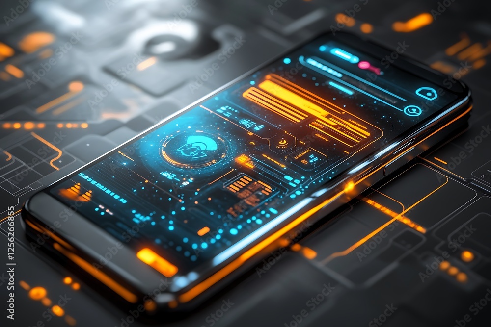 Aufkleber futuristic phone interface with glowing orange and blue elements on a dark tech background.