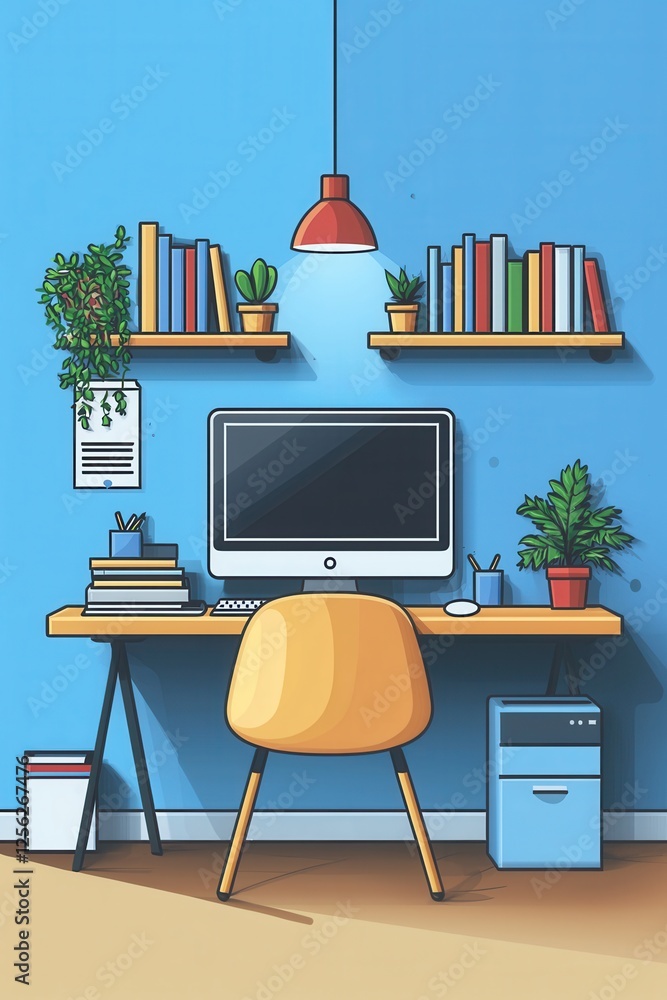 Poster minimalist office desk with computer and shelves in modern vector style