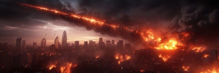 Meteor shower over city skyline at dusk