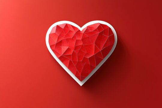 Abstract geometric red heart shape with white outline on vivid red background