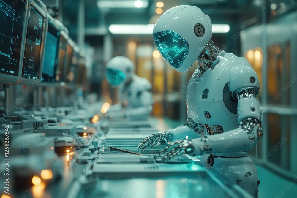 Poster in a sterile setting, robotic arms perform intricate tasks while operating alongside advanced techno