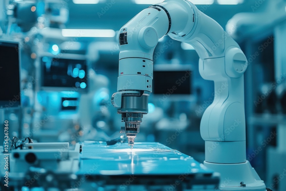 Aufkleber in a sterile lab, a robotic arm executes precise tasks, showcasing advanced technology in a clean an