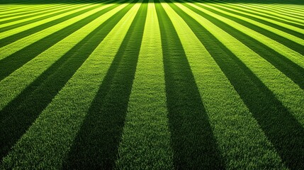Vibrant green lawn texture with freshly mown grass creating a pattern of stripes in sunlight