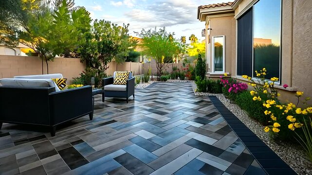 A sophisticated patio design featuring clay pavers in geometric patterns, bordered by decorative gravel and colorful outdoor decor.