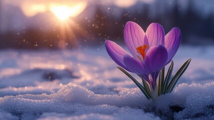 Purple crocuses bloom through the snow in early spring sunrise