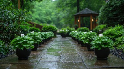 Fototapeta premium Rainy garden path, potted plants, gazebo background, serene landscape