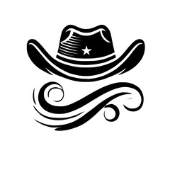 Cowboy hat with a star and elegant stylized swirls on a white backdrop.