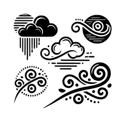 Vector Cloudscape: A Monochrome Composition of Sun, Clouds, and Stylized Elements