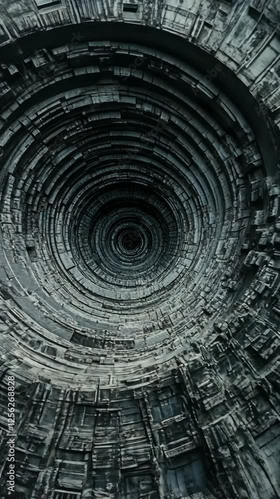 Poster spiral structure with concentric circles resembling abstract architecture in monochrome tones
