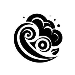Black and White Simplified Stylized Eye and Wave Motif; Composition with Bubble & Leaf