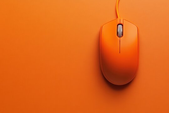 A sleek orange computer mouse rests on an empty orange surface, showcasing its vibrant color and minimalist design, ideal for workspace inspiration