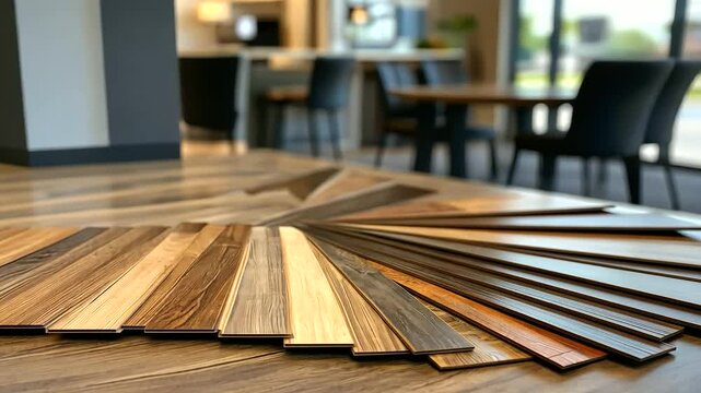 A professionally lit display of vinyl flooring samples spread out in a fan-like shape, highlighting a mix of matte, glossy, and textured finishes on a neutral table.