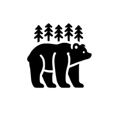 Stylized Bear and Evergreen Trees: Minimalist Illustration, Black and White, Icon, Wildlife, Vector.