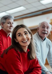 Obraz premium Smiling fitness instructor with senior participants during wellness activity, showing positive engagement and healthy lifestyle in community center