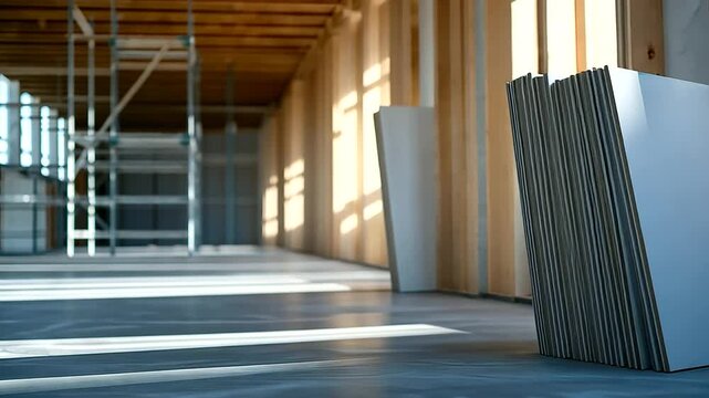 A row of smooth plasterboard panels stacked against an unfinished wooden wall, with construction scaffolding visible through the open framing.