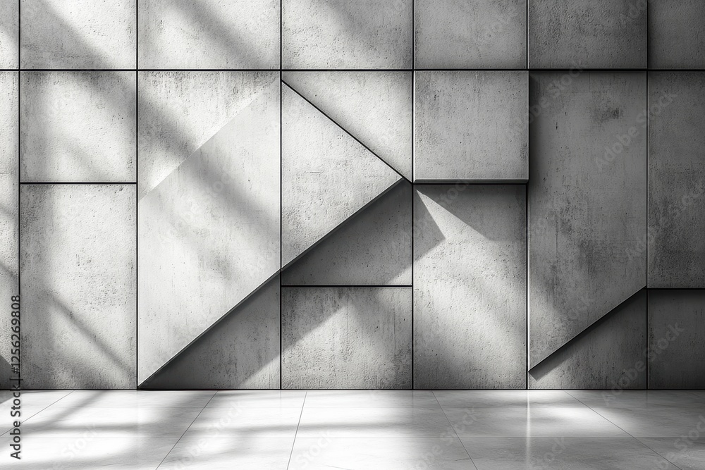Poster Modern concrete wall with geometric patterns and soft shadows creating a contemporary architectural design. Perfect for backgrounds and structural visuals.