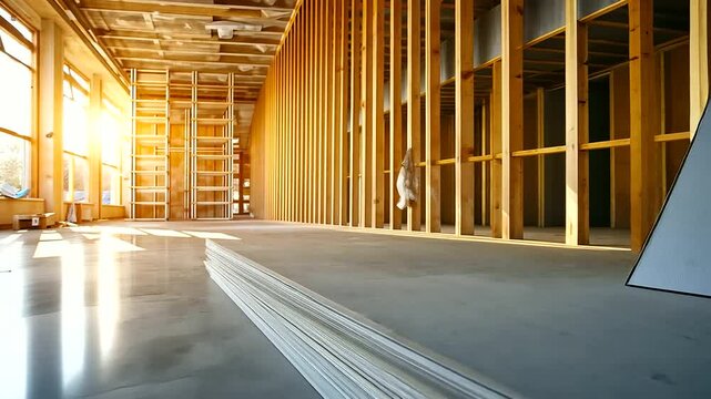 A row of smooth plasterboard panels stacked against an unfinished wooden wall, with construction scaffolding visible through the open framing.