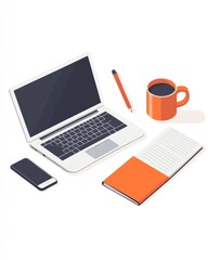 Isometric Workspace: Laptop, Smartphone, Notebook, Coffee Mug, and Pen on White Background for Digital Productivity