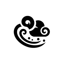 A stylized black and white image of a cloud and wave, representing a storm.