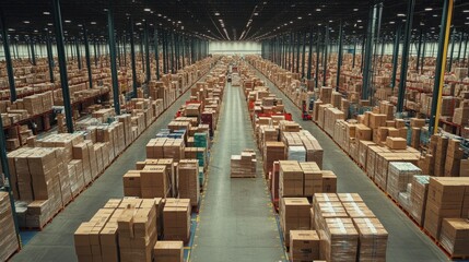 Supervisor manages the flow of goods and materials in a vast warehouse filled with organized boxes and pallets during daylight hours