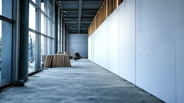 High-quality plasterboard panels resting against a wooden frame, with natural textures of timber and the raw ambiance of a construction site creating a compelling contrast.