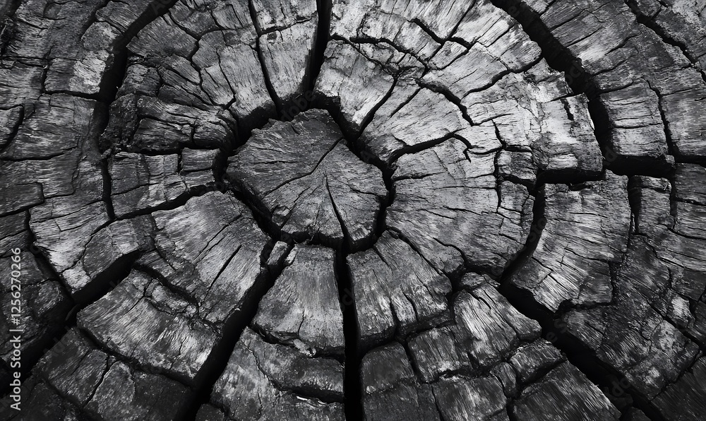 Poster a close up view of a burned tree stump with deep cracks and a circular pattern
