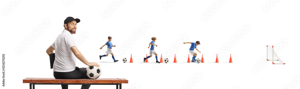 Sticker Kids football coach holding a ball and sitting on a bench at training