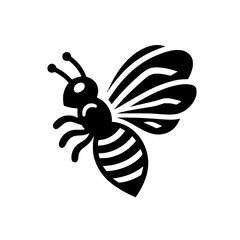 Bee-shaped graphic illustration of a flying bee, rendered in black and white, with the bee's wings visible.