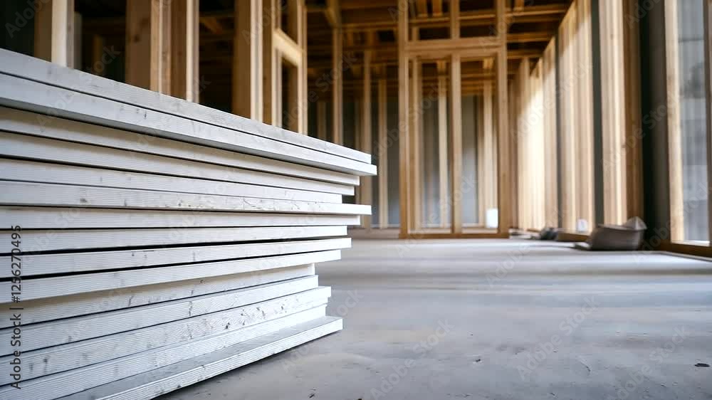 Poster a tidy stack of plasterboard panels leaning against a raw wooden frame, surrounded by signs of activ