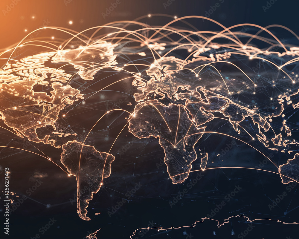 Poster a detailed illustration of the world map with interconnected lines, representing global connectivity