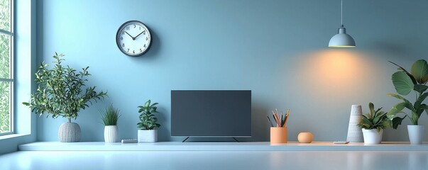 Minimalistic shelf setup with plants, TV, and a clock on the wall