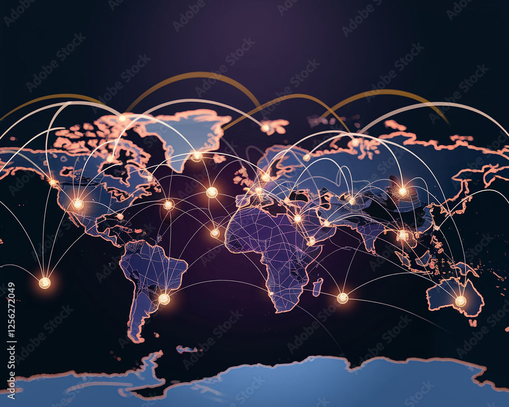 Poster A detailed map illustration showing global interconnected networks with data flow lines, symbolizing global communication and technology connections across continents.