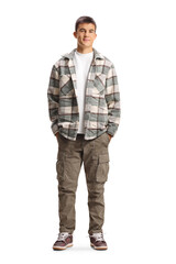 Fototapeta premium Full length portrait of a guy in checkered shirt