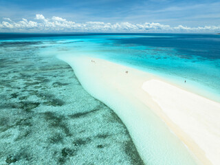 Aerial view of Nakupenda island, sandbank in ocean, white sandy beach, blue sea during low tide on...