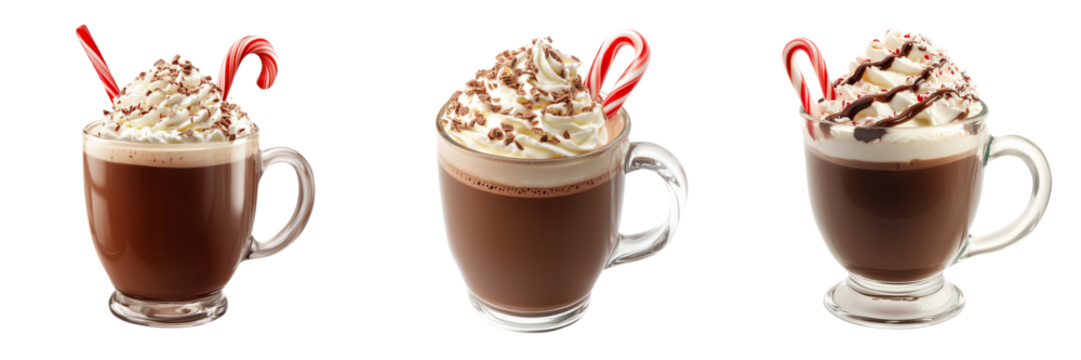 Set of A tall glass mug of peppermint mocha topped with whipped cream and crushed peppermint candy on transparent png background