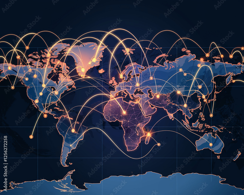 Poster A digital map illustration featuring global network connections, symbolizing the worldwide flow of data and communication, highlighting international connectivity and technology.