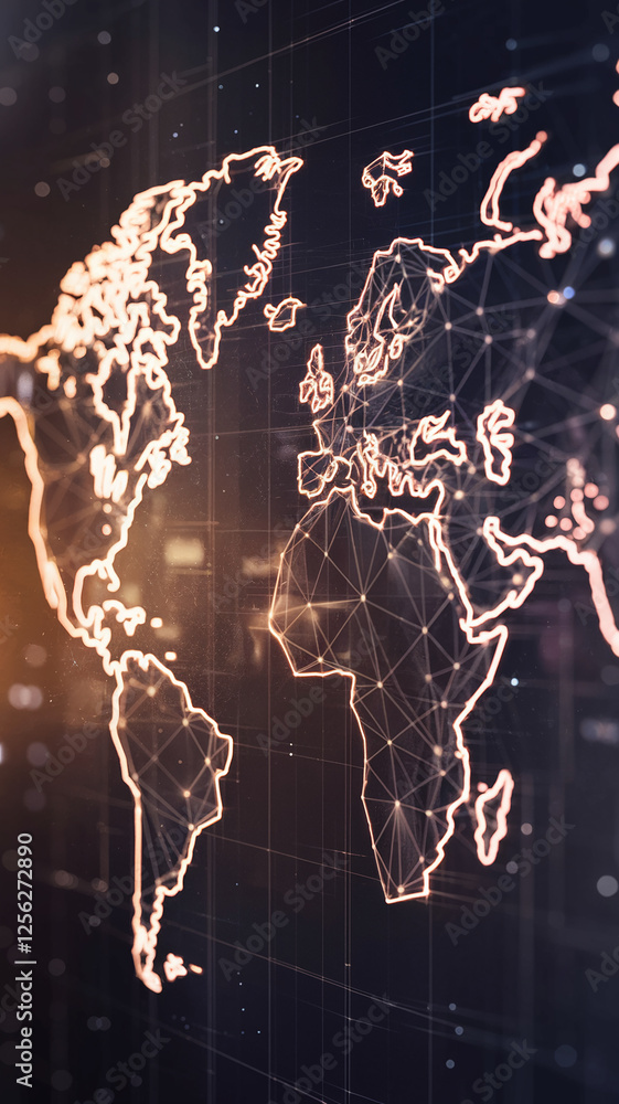 Aufkleber A close-up view of a digital world map with glowing connections across continents, representing global networks, communication, and data exchange in the digital era.