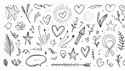 Obraz premium líneas de dibujo estrella, flecha, elemento de decoración del corazón icono conjunto. Dibujo a mano dibujado doodle linda estrella, énfasis, elemento de flor. Icono de forma de decoración