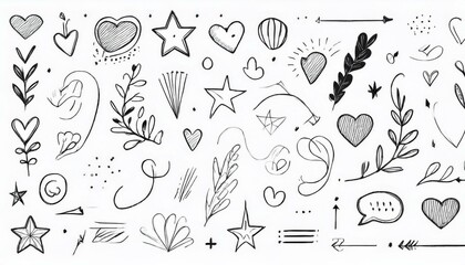 Obraz premium líneas de dibujo estrella, flecha, elemento de decoración del corazón icono conjunto. Dibujo a mano dibujado doodle linda estrella, énfasis, elemento de flor. Icono de forma de decoración