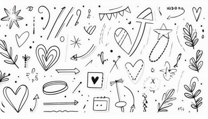 l&iacute;neas de dibujo estrella, flecha, elemento de decoraci&oacute;n del coraz&oacute;n icono conjunto. Dibujo a mano dibujado doodle linda estrella, &eacute;nfasis, elemento de flor. Icono de forma de decoraci&oacute;n