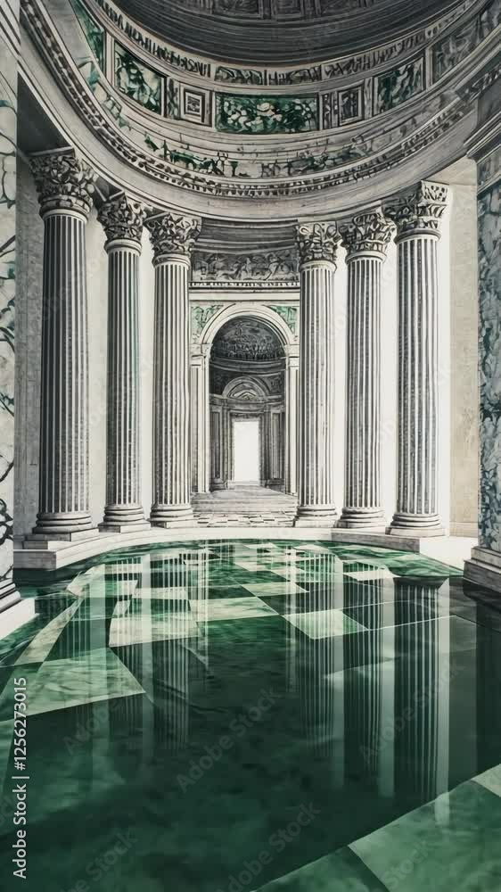 Poster Intricate marble hall with reflective green floor and grand columns in a classical architectural setting