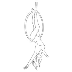 Aerial hoop performer gracefully hangs upside down, showcasing balance, strength, and elegance. This minimalist vector line art captures the essence of acrobatics, dance, and circus arts