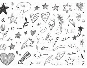 Fototapeta premium líneas de dibujo estrella, flecha, elemento de decoración del corazón icono conjunto. Dibujo a mano dibujado doodle linda estrella, énfasis, elemento de flor. Icono de forma de decoración