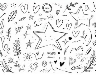 l&iacute;neas de dibujo estrella, flecha, elemento de decoraci&oacute;n del coraz&oacute;n icono conjunto. Dibujo a mano dibujado doodle linda estrella, &eacute;nfasis, elemento de flor. Icono de forma de decoraci&oacute;n