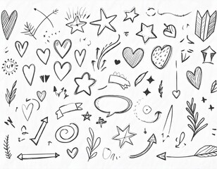 Fototapeta premium líneas de dibujo estrella, flecha, elemento de decoración del corazón icono conjunto. Dibujo a mano dibujado doodle linda estrella, énfasis, elemento de flor. Icono de forma de decoración