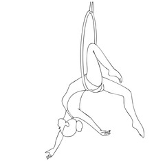 Graceful aerialist performs on a suspended hoop, displaying balance, strength, and flexibility. This minimalist line art vector illustration represents aerial acrobatics, circus arts, fitness
