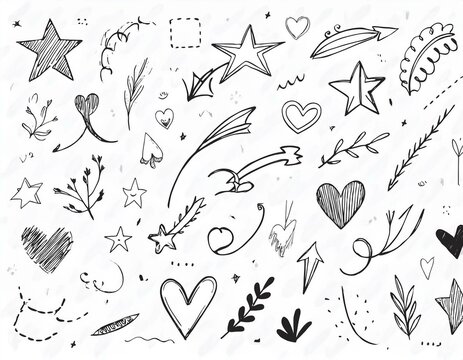 l&iacute;neas de dibujo estrella, flecha, elemento de decoraci&oacute;n del coraz&oacute;n icono conjunto. Dibujo a mano dibujado doodle linda estrella, &eacute;nfasis, elemento de flor. Icono de forma de decoraci&oacute;n