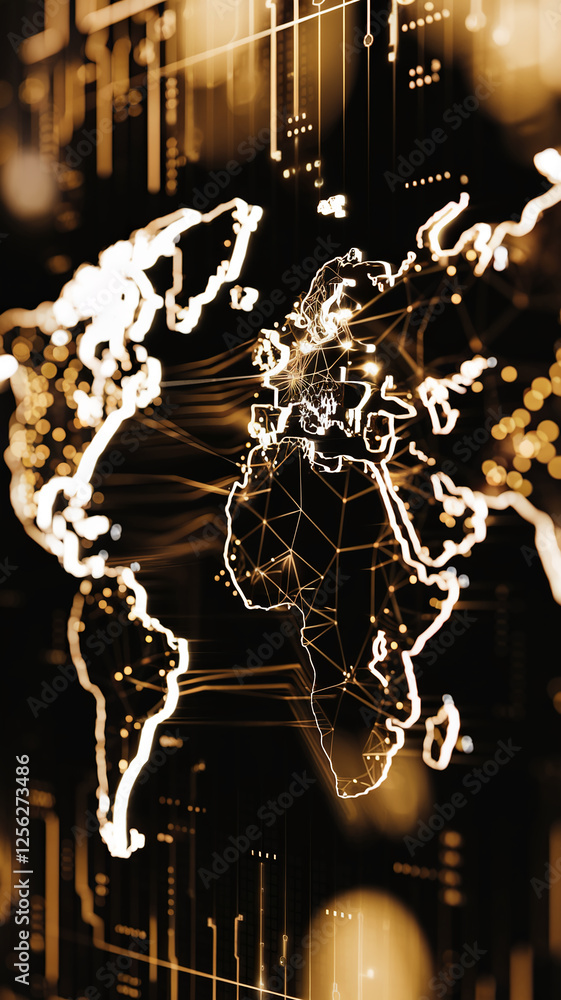 Aufkleber close-up of a glowing digital world map with interconnected networks, focusing on europe, africa, an
